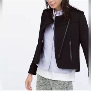 NWOT! Zara Black Wool Black Frayed Hem Moto Style Jacket SZ XS